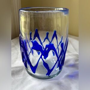 Vintage Hand-Blown Vase with Cobalt Blue Zig-Zag Pattern
